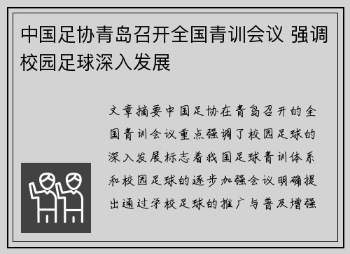 中国足协青岛召开全国青训会议 强调校园足球深入发展